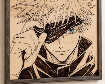 Gojo Satoru Wood Burning Anime Wall Art, Jujutsu Kaisen Pyrography, Custom Anime Wood Burn, Gojo Pyrography, Jujutsu Kaisen Decor Gift