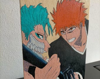Bleach hand-painted wood painting | Ichigo vs. Grimmjow | Anime and manga art | Anime wall decoration | Gift idea for Bleach fans
