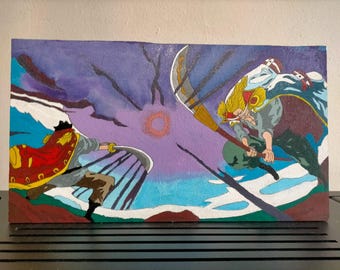 One Piece Gol D. Roger vs. Whitebeard Hand Painted Wood Painting - Handmade Anime Art - Manga Wall Decoration Wood Panel