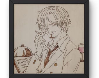 Sanji Wood Pyrography Picture - One Piece Anime Art Carving - Handmade Manga Gift Idea - Nerd Home Decoration Kitchen Baratie
