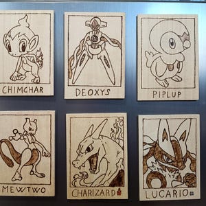 Può includere: Dieci magneti rettangolari in legno con illustrazioni pirografate di personaggi Pokemon. Ogni magnete mostra il nome di un personaggio: Arceus, Chimchar, Deoxys, Piplup, Rayquaza, Turtwig, Mewtwo, Charizard, Lucario e Gengar, alcuni con piccole icone.