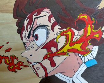 Demon Slayer Tanjiro Handcrafted Painting | Hand-Painted Anime Painting on Wood | Unique Otaku Gift Decoration