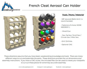 May include: A 3D model of a wooden aerosol can holder with 15 slots. The holder is made of 5/8 inch plywood and is designed to be attached to a French cleat system. The holder is shown with a variety of colored aerosol cans.