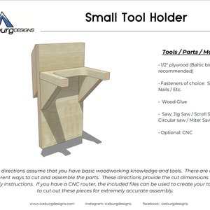 May include: Diagram showing how to build a small tool holder out of wood. The design includes a backboard and two angled supports. The text on the page lists the tools and materials needed for the project, including 1/2 inch plywood, screws, nails, wood glue, and a saw. The text also mentions that a CNC router can be used to cut out the pieces.