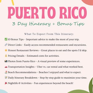 Puede incluir: Un gráfico rosa y verde con el texto "PUERTO RICO" en letras grandes de color rosa. Debajo del texto se encuentra "3 Day Itinerary + Bonus Tips" en letras negras más pequeñas. El gráfico enumera 10 consejos adicionales para planificar un viaje a Puerto Rico, que incluyen recomendaciones de restaurantes, información sobre el transporte y recomendaciones de playas. El gráfico también incluye el texto "Creado por: @SENECASDIARY TIKTOK | INSTAGRAM".