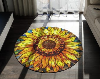 Tapis rond tournesol en vitrail