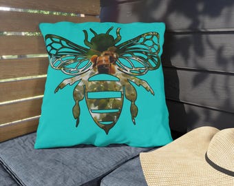 Coussin d'extérieur abeille botanique - Coussin décoratif abeille, accent de jardin