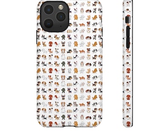 Può includere: Custodia per telefono bianca con un motivo ripetuto di varie razze di cani in marrone, nero e beige. La custodia ha un ritaglio nero per l'obiettivo della fotocamera e pulsanti neri per l'accensione e il volume sul lato.