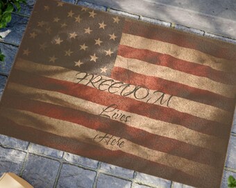 Faded American Flag Doormat - Freedom Lives Here - Customizable