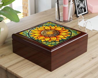 Boîte à bijoux tournesol en vitrail | Boîte souvenir florale
