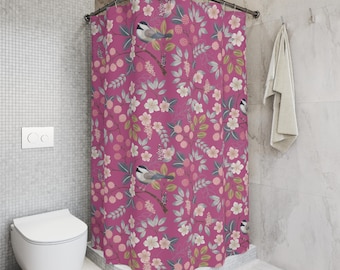 Rideau de douche mésange à motif floral - Oiseaux botaniques roses - Plusieurs options