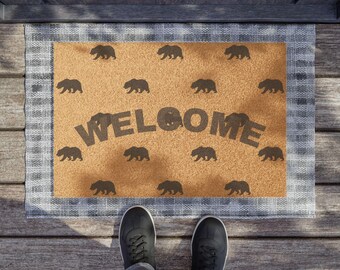 Paillasson bienvenue ours - tapis d'entrée en fibre de coco rustique - tapis de bienvenue extérieur - personnaliser