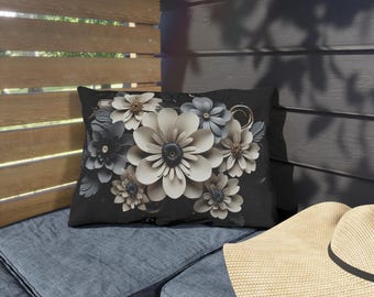 Coussin d'extérieur bouquet de fleurs neutre - Fond noir