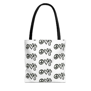Draagtas Peace, Love, kruispatroon - meerdere maten en kleuren