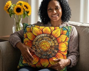 Taie d'oreiller carrée tournesol en vitrail - Housse de coussin décoratif - Plusieurs options