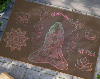 Paillasson de bienvenue yoga pour femme qui médite - Tapis en fibre de coco Lotus Mandala