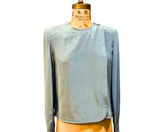 GIORGIO ARMANI Vintage S/M Steel Blue Asymmetrical Silk Blouse - 1990s
