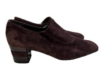 FERRAGAMO 1980s Vintage Chocolate Suede Heels With Sculpted Block Heel, Size US 8