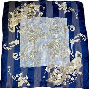 Vintage Jean Patou Paris Silk Scarf – 1980s Baroque Floral Cornucopia – Navy & Cream – 100% Silk
