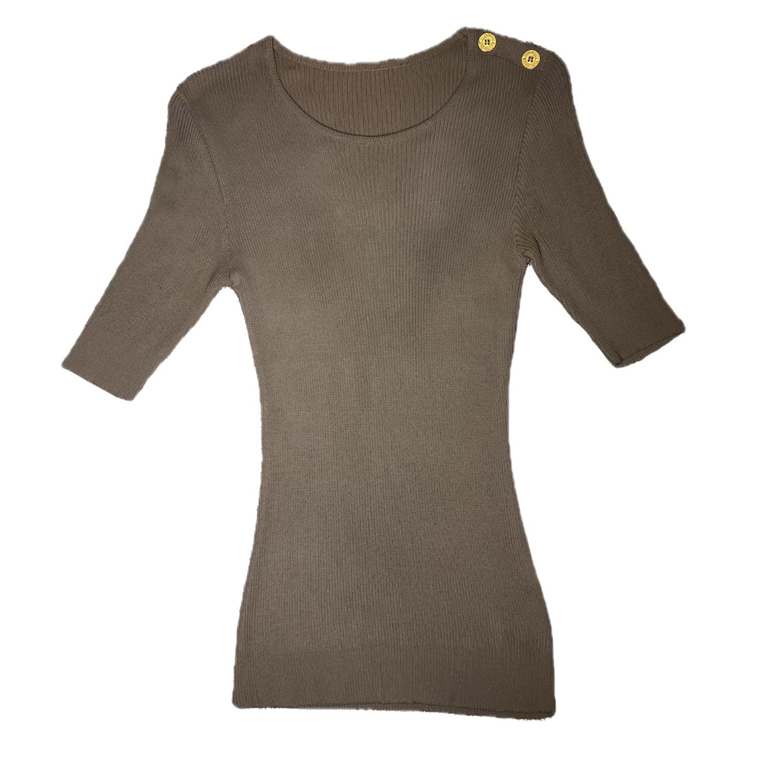 トップス Archive Givenchy ds knit jacket GIVENCHY Vintage XS/S Taupe Ribbed Knit Top With Gold Logo Buttons