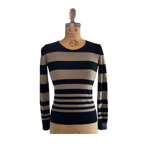 Sonia Rykiel, SONIA RYKIEL 1990s Vintage XS Black Taupe Striped Wool Cashmere Sweater