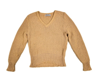 JAEGER XS/S Vintage Camel Cotton Knit V-Neck Sweater - 1980s