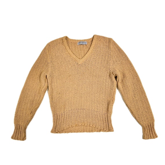 Jaeger, JAEGER 1980s Vintage XS/S Camel Cotton Knit V-Neck Sweater