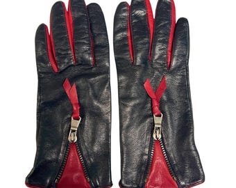 GALERIES LAFAYETTE Vintage Storlek 6/6,5 Lammskinnshandskar Svarta/Röda – 1980-talet