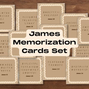 May include: A set of square tan cards with scalloped white borders, each featuring black text representing Bible verses from the Book of James. The cards display acronyms for memorization and include specific references like James 1:2 and 3:16.