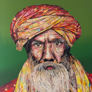 Handmade Paper Collage Art: Regal Turban Portrait
