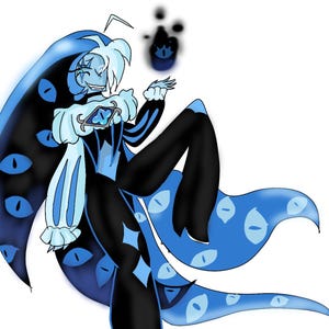 May include: Digital illustration of a character in a black and blue outfit with a cape adorned with eye-shaped designs. The character has light blue hair and is holding a floating dark orb. The artwork is set against a white background.