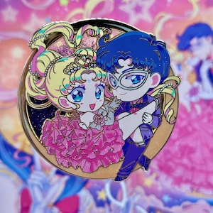 Sailor Moon Tuxedo Mask Dancing Pink Dress Masquerade Pin with Glitter Quicksand inside and two small pins set - Magical Girl - Anime