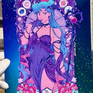 May include: A vibrant illustration of a woman with long blue hair and a purple dress, adorned with intricate details. The artwork features a celestial theme with stars, a zodiac symbol, and the text "@misa.draw". The color palette includes shades of purple, pink, and blue.