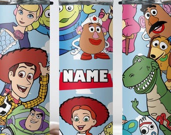 Personalized Toy Story Tumbler Kids Custom Name | Woody Buzz Jessie 20oz Skinny Wrap Birthday Gift Toddler Cup Disney Stainless Steel Fun