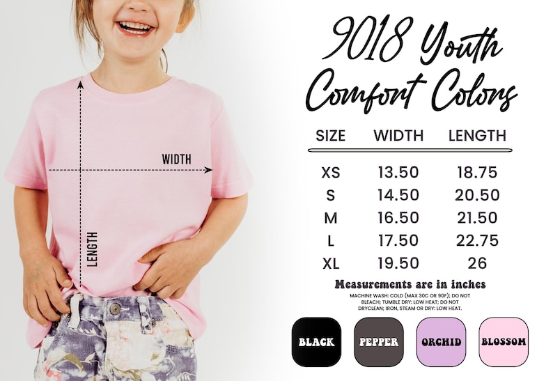 May include: A light pink youth t-shirt with size and measurement details. The text on the shirt reads "9018 Youth Comfort Colors." Measurements are in inches. Available colors include black, pepper, orchid, and blossom.