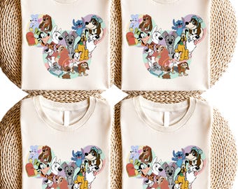 May include: Four white t-shirts with a colorful graphic of various Disney dog characters arranged in the shape of Mickey Mouse's head.