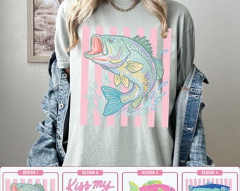 Kiss My Bass Comfort Colors Shirt, Funny Fishing Tee for Women, Mothers Fathers Gift for Fishing| Pastel Bass Fish Graphic Shirt Unisex Tee