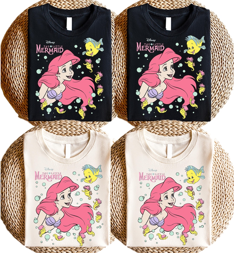 Retro-style Disney Little Mermaid shirt featuring Princess Ariel, perfect for girls’ trips, family vacations, or matching outfits at Walt Disney World. This playful tee or hoodie showcases nostalgic design elements with seashells, waves, and classic Ariel artwork. Great for park days, Disney cruise wear, or fans of the original Disney princess with a love for under-the-sea adventure and magical memories.