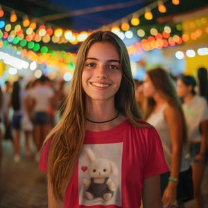 Rabbina Bunny T-Shirt | Kawaii White Bunny with Heart Balloon | Matching Sibling Tee | Unisex Cotton Shirt (S–5XL) | Paku Paku Logo