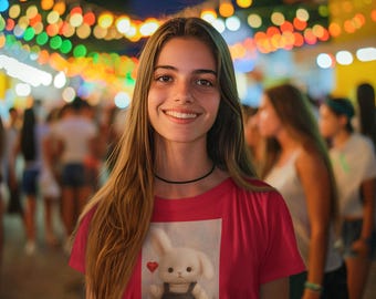 Kawaii Bunny T-Shirt: Rabbina with Heart Balloon, Unisex Cotton Tee