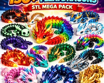 Pacote Mega com mais de 150 arquivos STL de dragões flexíveis para impressão 3D, incluindo modelos de dragões articulados e modelos de dragões fantásticos flexíveis.