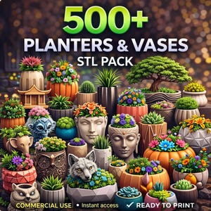 500+ STL-planteringspaket med megaformat, 3D-utskrivbara blomkrukor och heminredningsfiler, omedelbar digital nedladdning