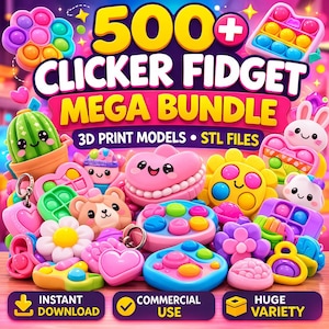 以下が含まれることがあります： カラフルなクリッカーフィジェットおもちゃのコレクションを紹介する鮮やかな画像。「500+ CLICKER FIDGET MEGA BUNDLE」のテキストが大きく表示されています。追加テキストには「3D PRINT MODELS • STL FILES」、「INSTANT DOWNLOAD」、「COMMERCIAL USE」、「HUGE VARIETY」が含まれています。