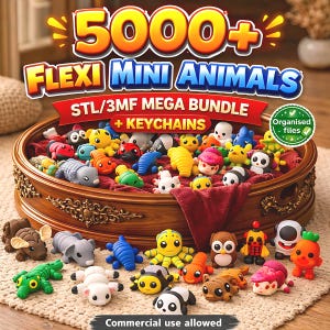 May include: A collection of colorful, flexi mini animal figurines, including pandas, octopuses, and owls, displayed in a decorative wooden tray. The image includes text that reads "5000+ FLEXI MINI ANIMALS STL/3MF MEGA BUNDLE + KEYCHAINS". The phrase "Commercial use allowed" is also visible.