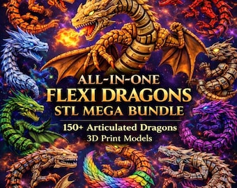 150+ Flexi Dragon STL Bundle, Articulated Dragon 3D Print Files, Flexible Dragon Models, Fantasy Dragon STL Pack