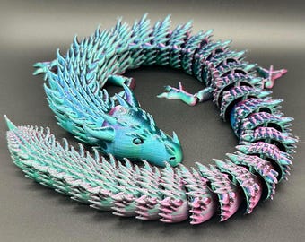 Dragón lunar articulado XL de 73 cm, decoración flexible verde, azul y rosa