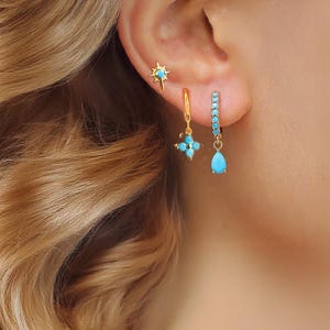 Blue Water Drop Earrings Sets, Huggie Earrings, Blue Star Piercings, Piercing Jewelry, Earrings - Gift for her, Birthday Gift