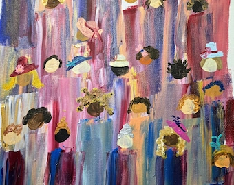 Abstract Crowd Art Hand-Painted Acrylic Artwork, Colorful Portrait of Diverse People – Original Home Decor