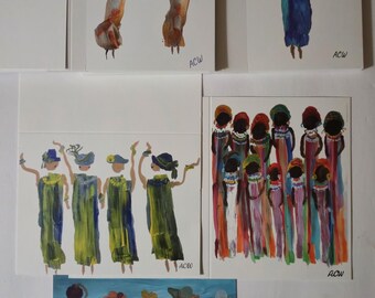 May include: A collection of five greeting cards featuring painted illustrations of figures in colorful dresses and hats. Each card displays stylized, abstract depictions of people in various groupings, all signed with the initials ACW in the corner.