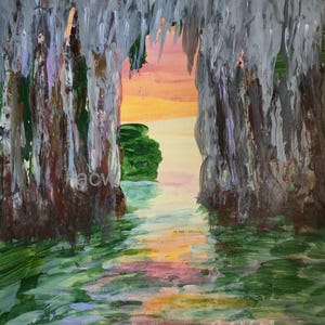 May include: An acrylic painting of a serene landscape. The artwork depicts a waterway leading to a sunset, framed by trees with cascading, gray-white foliage. The water reflects the sky's colors, with green and pink hues.